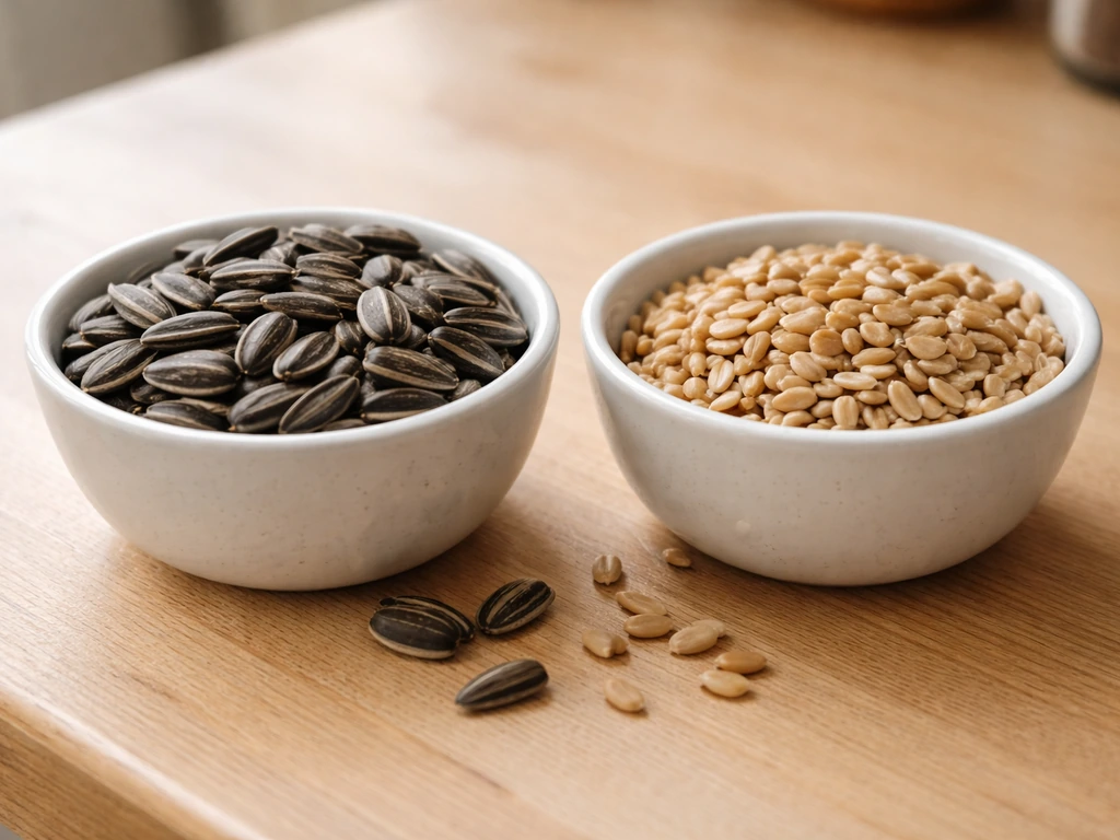 Side-by-side whole black-oil sunflower seeds with shells and hulled sunflower chips in two small bowls.