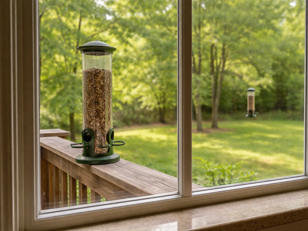 Two bird feeders placed near and far from a window, showing safe spacing to prevent collisions.