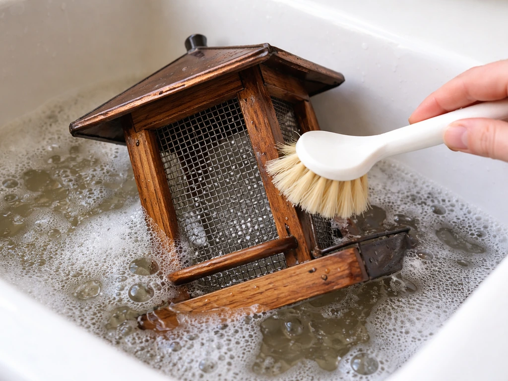 A bird feeder being scrubbed and rinsed in warm soapy water, hygienic cleanup moment