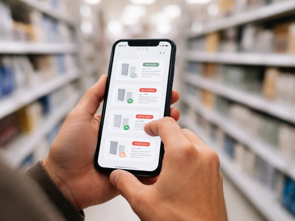 Person using a phone in a store aisle, checking same-day delivery for bird seed and suet