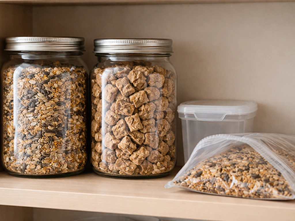 Glass jars of bird seed and suet on a pantry shelf, with a freezer bag for pest control beside them.