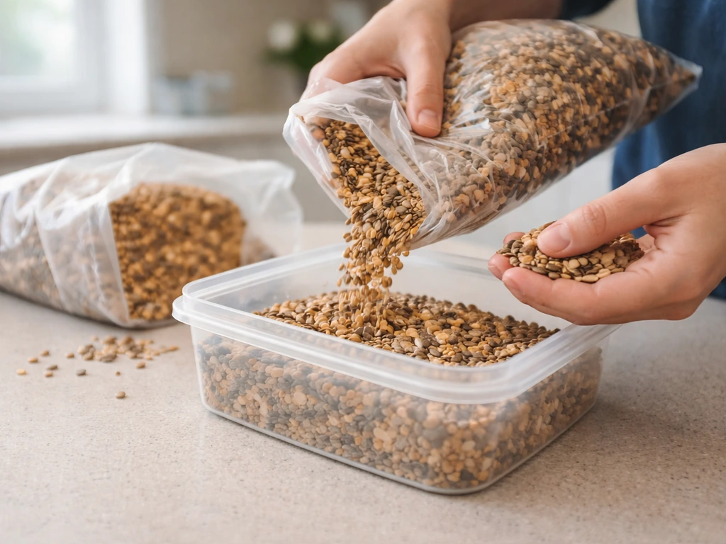 Hands transfer bird seed from an open bag into a clean container after spotting insects.