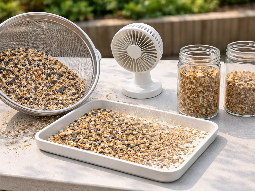 Mesh sieve and winnowing fan separate mixed bird seed and husks into clean seed and husk containers.