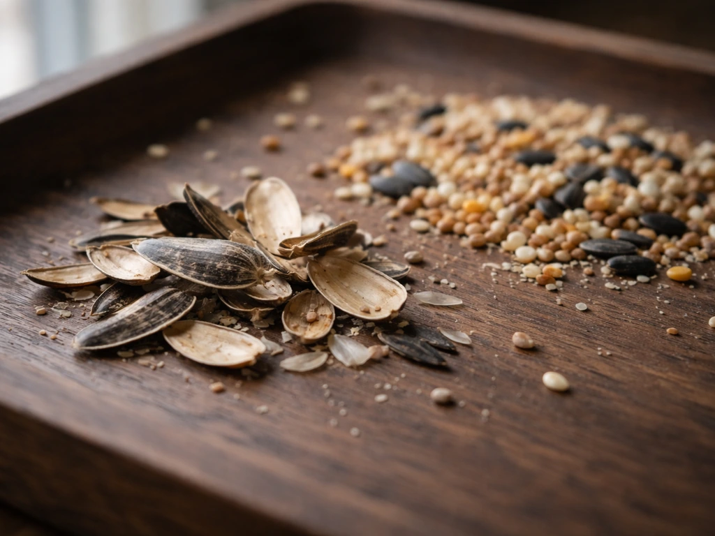 Close-up of empty sunflower husk fragments mixed with clean bird seed, showing waste-husk problem before sorting