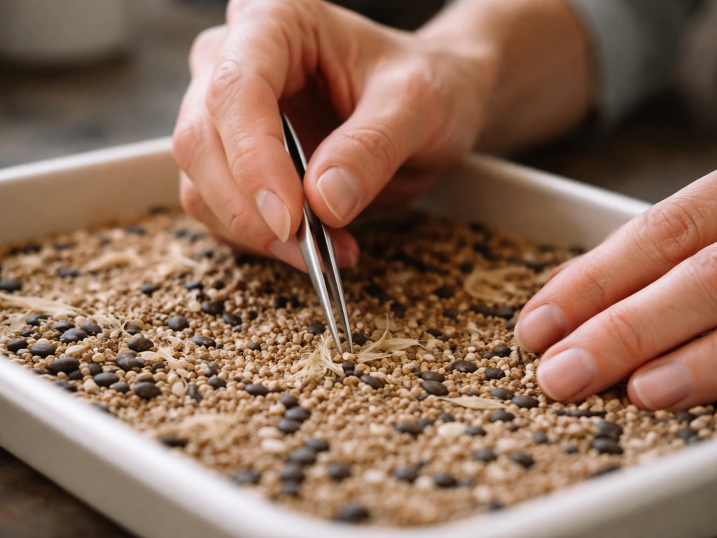 Hands using tweezers to pick husks from mixed seeds in a shallow tray
