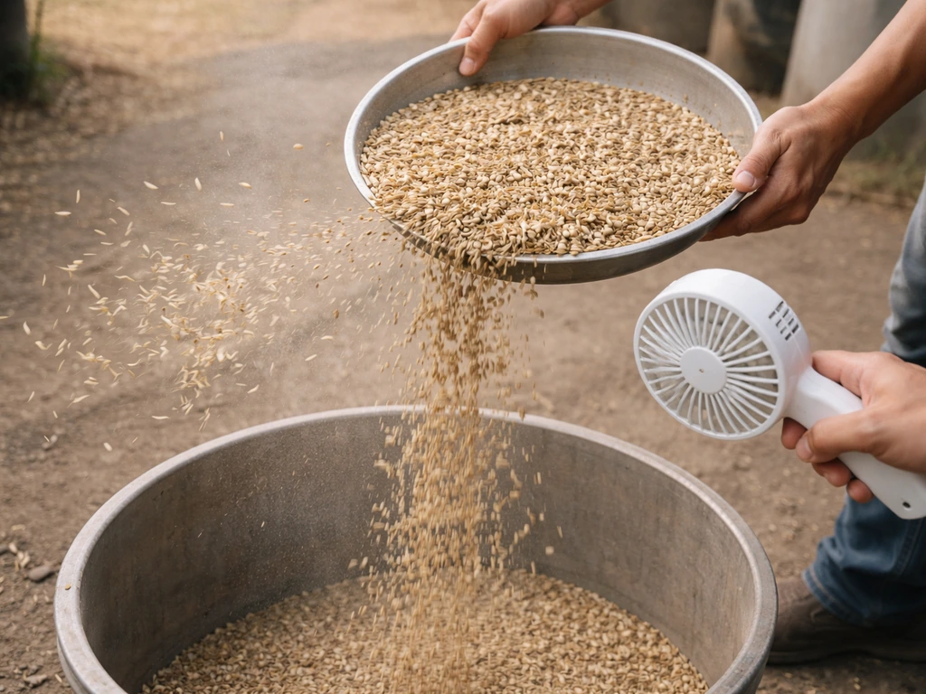 Handheld fan blows seed husks away as heavier seeds fall into a lower container.