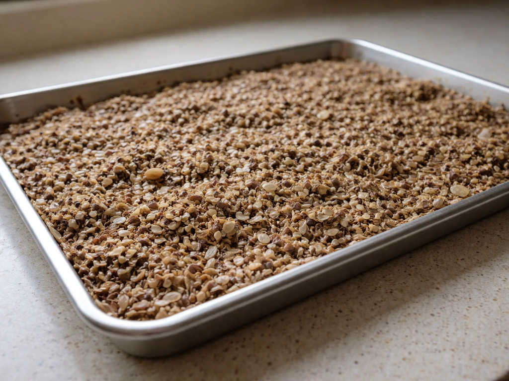 Clumped, damp seed husks spread on a tray while air-drying to prepare for re-sifting