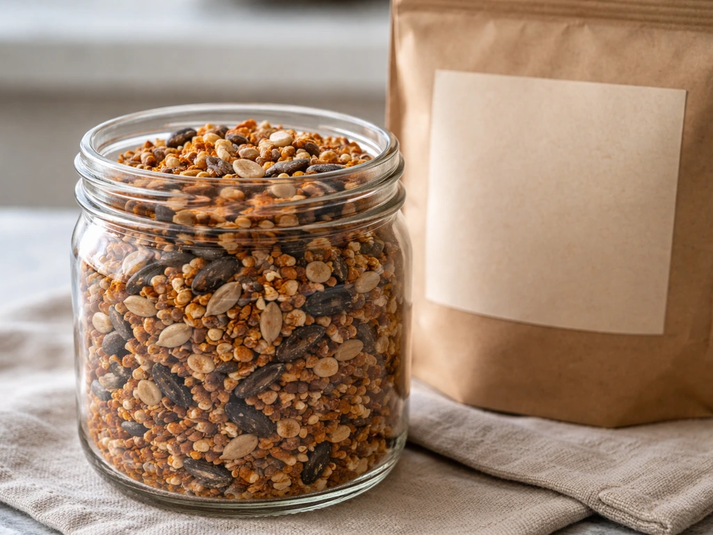 Close-up jar of mixed bird seed with subtle red-orange coating next to a blank labeled bag.