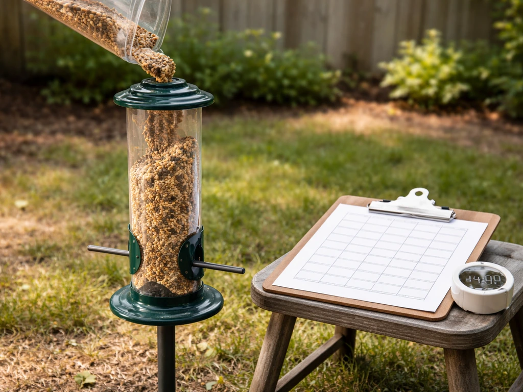 A clean bird feeder beside fresh seed and a clipboard with a two-week schedule plan in a quiet yard