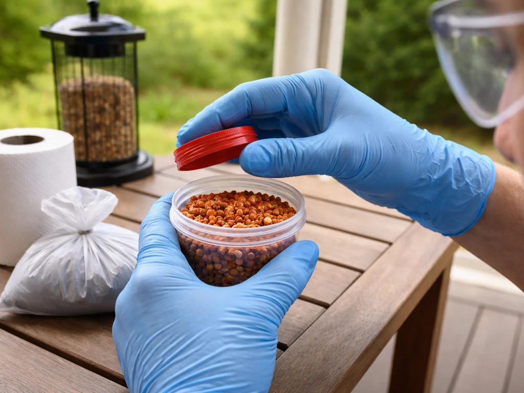 Gloved hands wearing protective eyewear handle capsaicin-coated seed near a bird feeder with cleanup supplies ready.