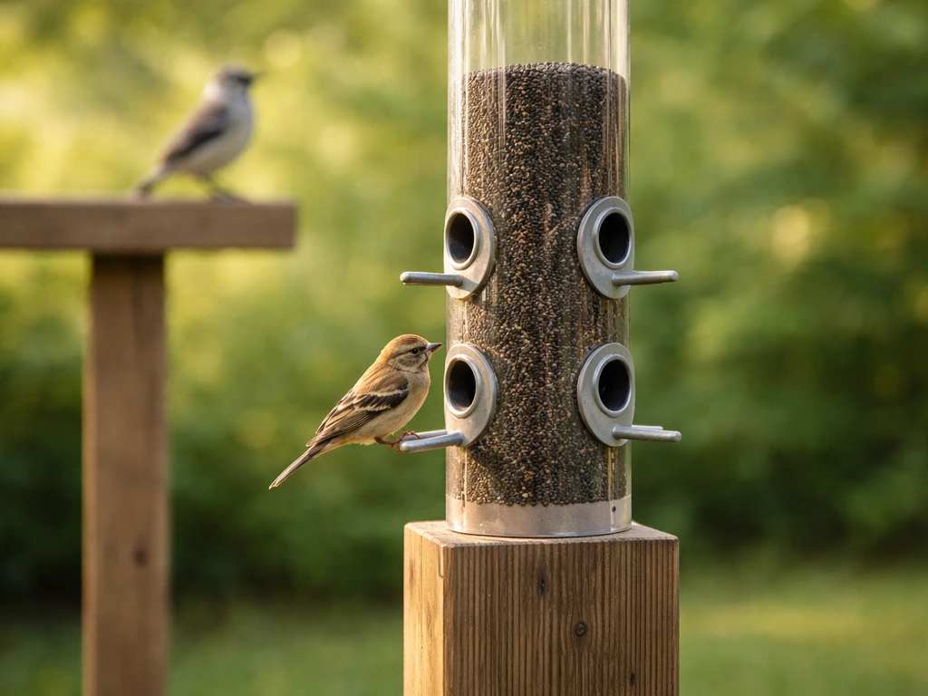 A nyjer tube feeder with small ports; a finch feeds while larger birds can’t reach.