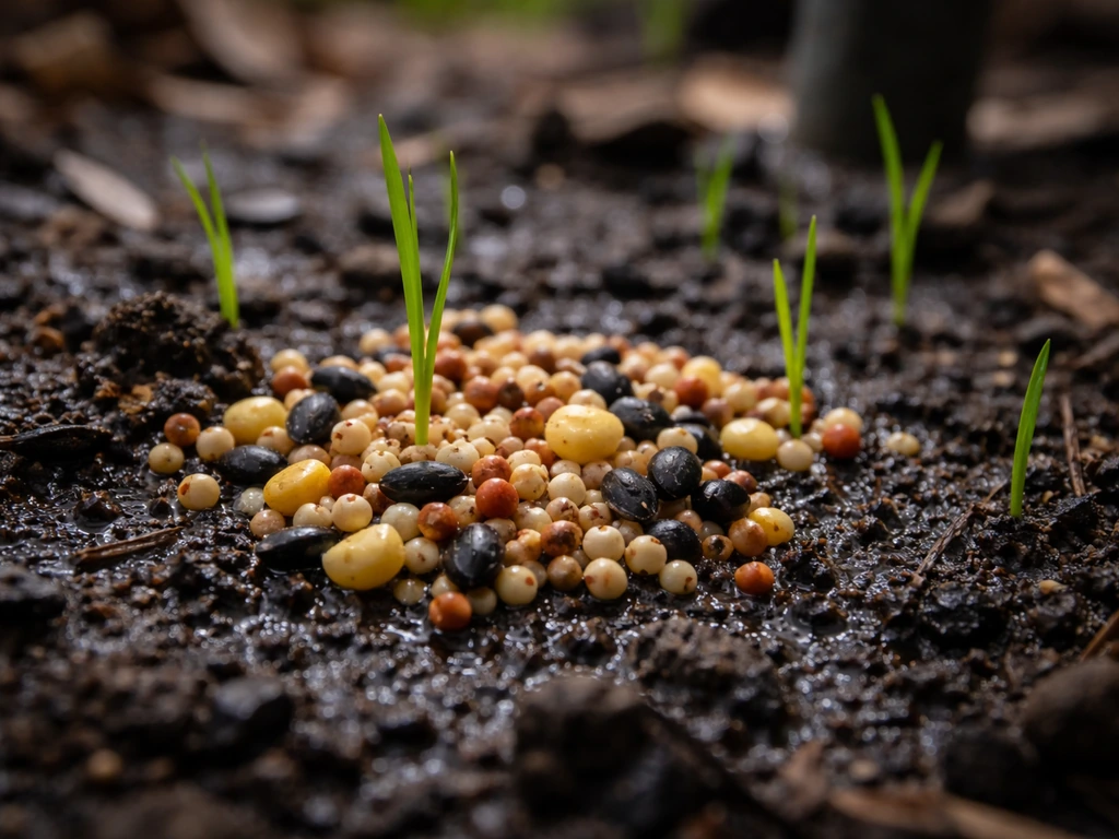 Close-up of damp birdseed and tiny green sprouts emerging from moist soil under a feeder