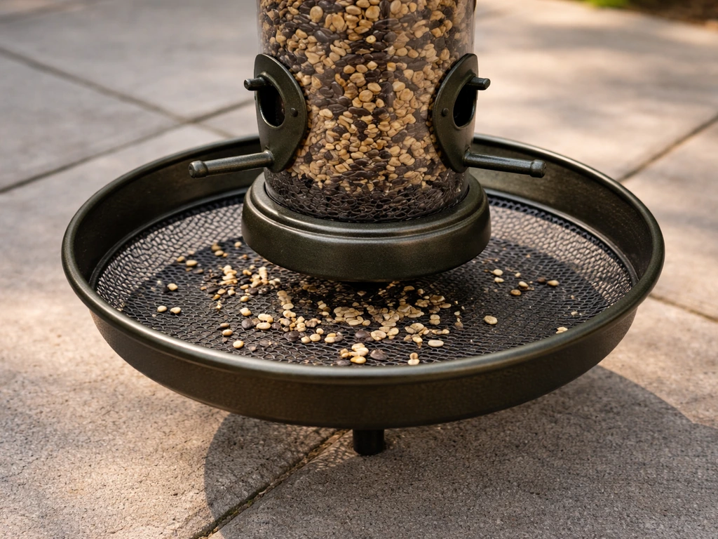 Close-up of a bird feeder with a mounted seed-catcher tray catching fallen seed