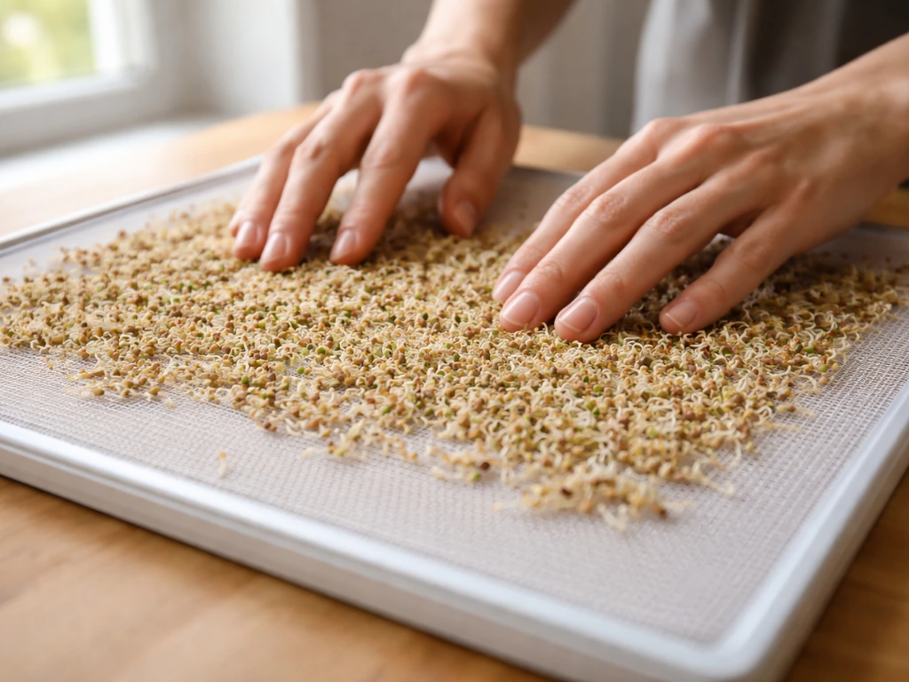 Hands spreading damp sprouting seeds on a mesh tray near a sunny window to dry