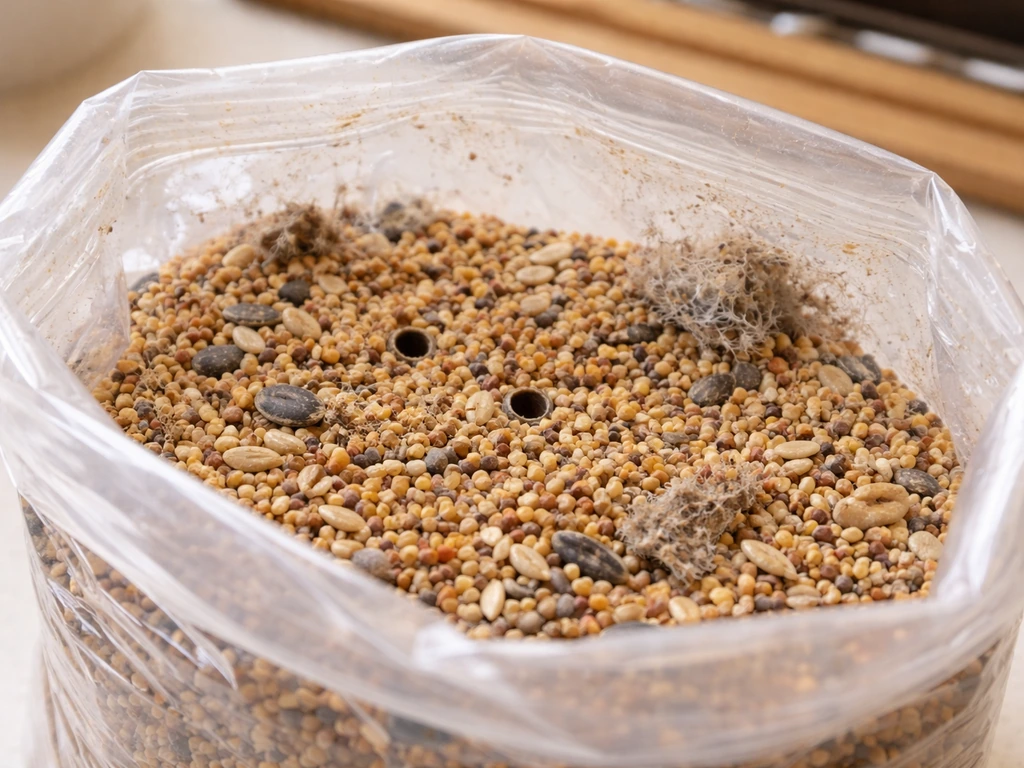 Open bird seed bag on a table under bright light, showing holes and clumps suggesting insect activity.
