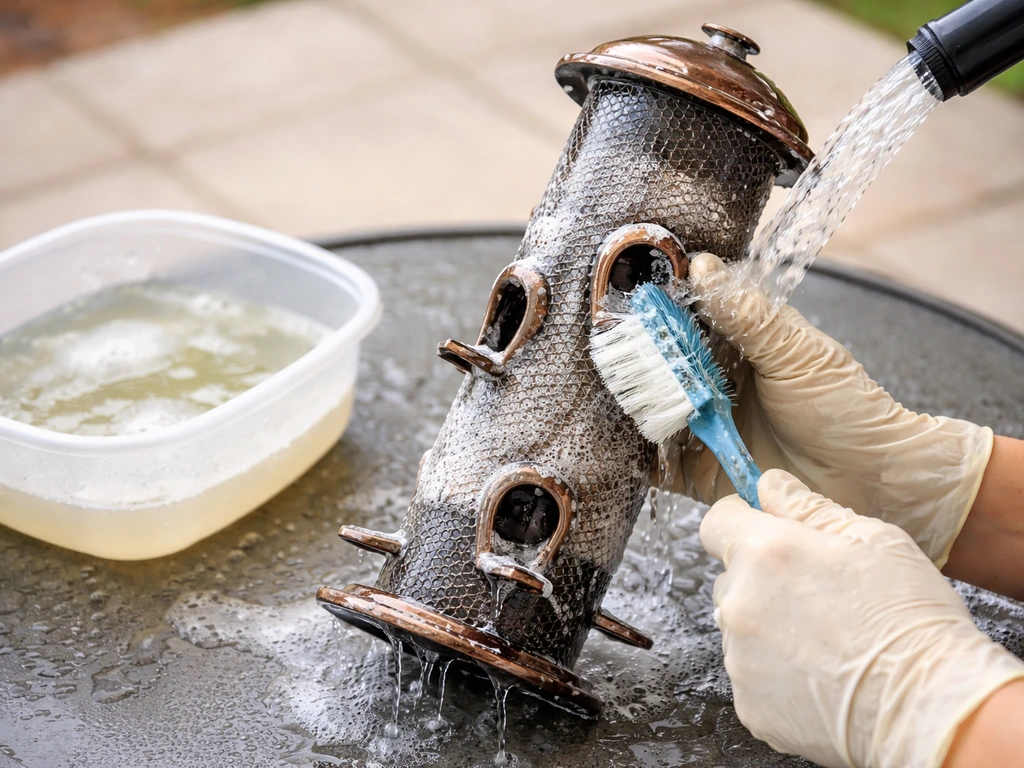 Hands scrubbing a metal bird feeder and rinsing it with water after vinegar cleaning.