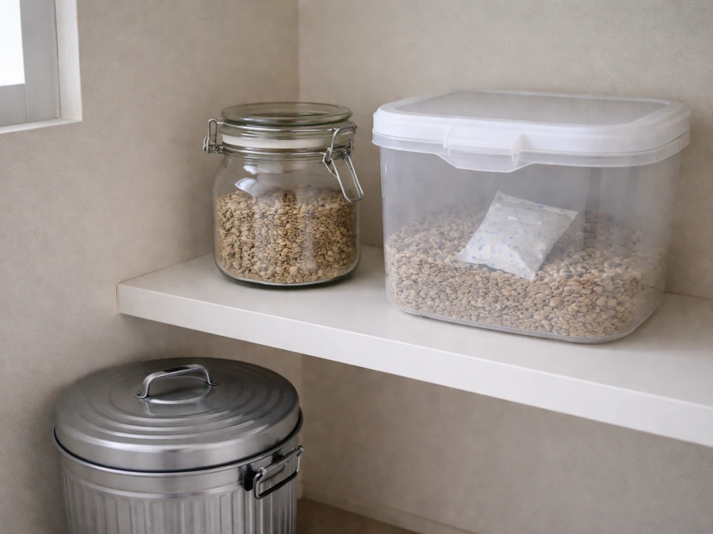 A glass jar and airtight plastic container on a pantry shelf with a desiccant for moisture control.