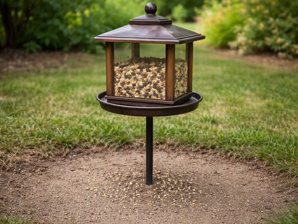Close-up of a bird feeder with clean ground beneath, showing minimal fallen seed risk area.