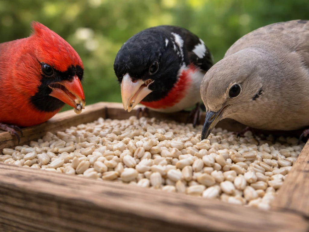 Close-up birds with thick bills feeding on safflower seed from a feeder tray