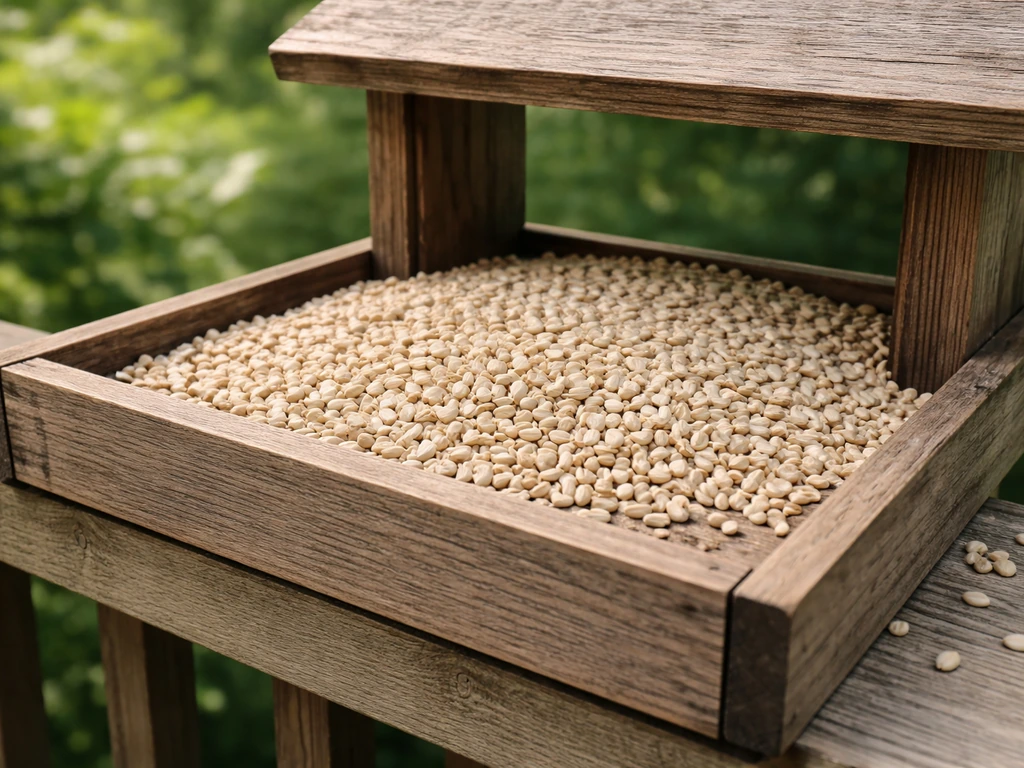Close view of a platform feeder with safflower seeds and an open landing area in a backyard.