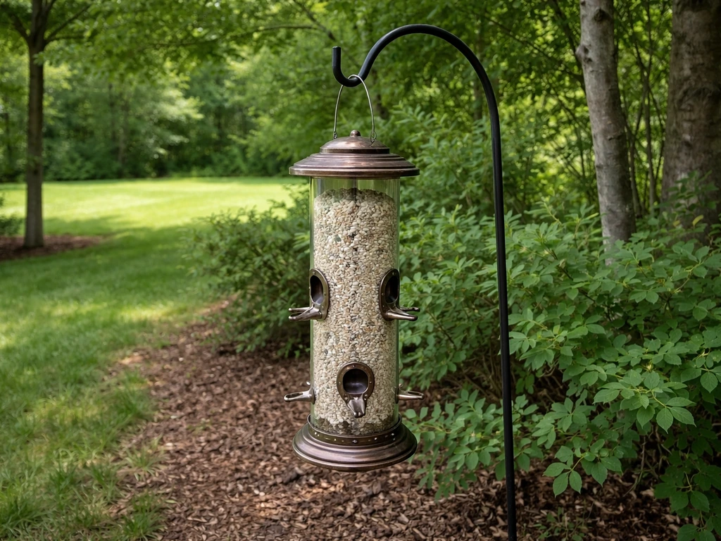 Safflower bird feeder near shrubs and tree cover, not exposed in open lawn
