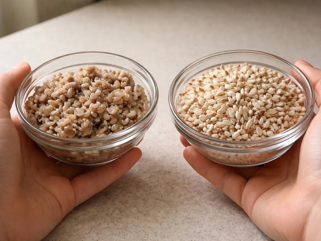 Two bowls of safflower seed—left clumped and damp, right clean and dry—on a kitchen counter.