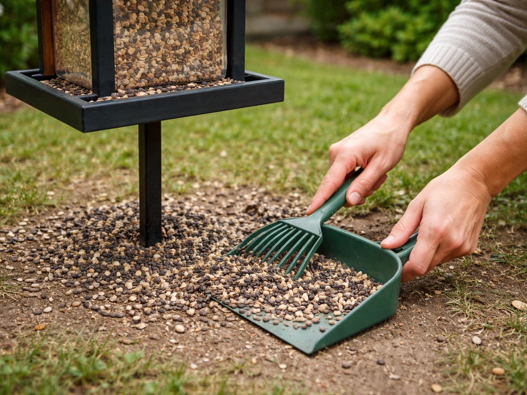 Hands rake and scoop seed hulls and droppings debris from under a bird feeder in a quiet garden.