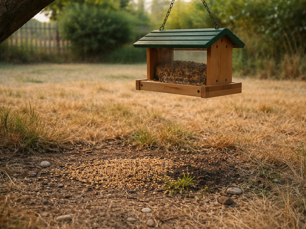 Backyard bird feeder above scattered bird seed on the grass, with a small damp patch needing cleanup.