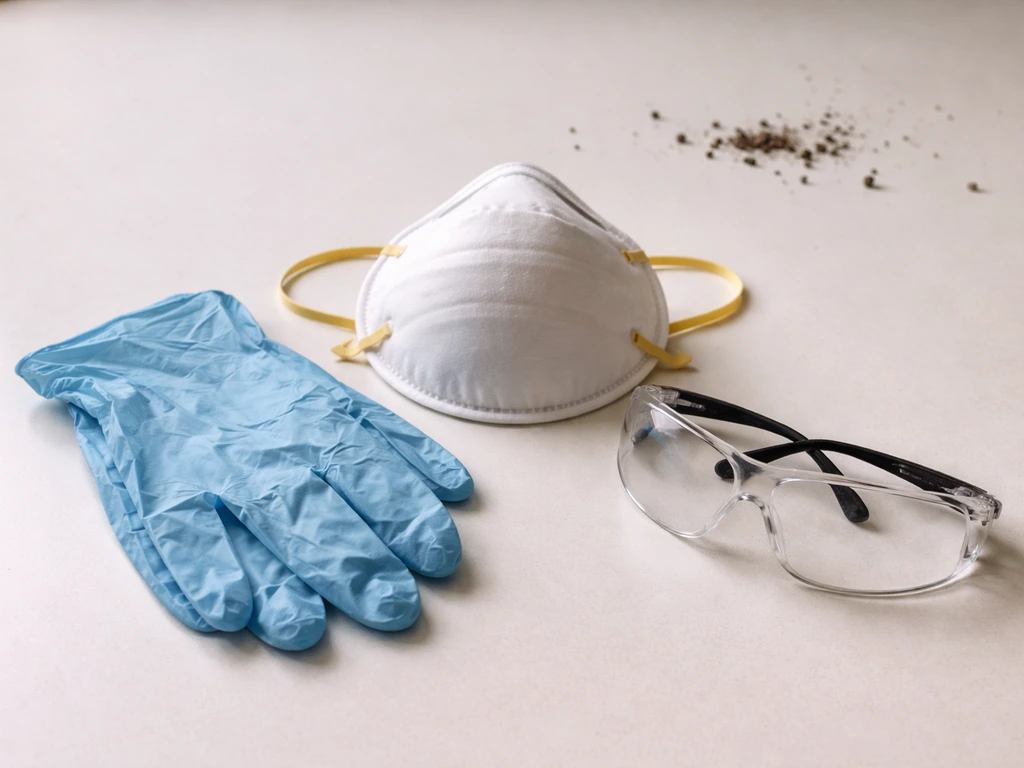 N95 respirator, nitrile gloves, and clear safety glasses laid out for bird-seed mold cleanup.