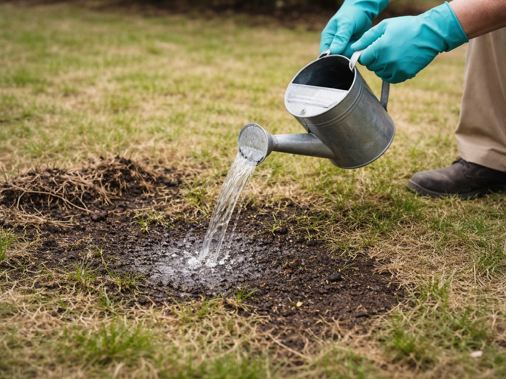 Hands gently soaking a small grass and soil patch with a dilute bleach-water solution from a watering can