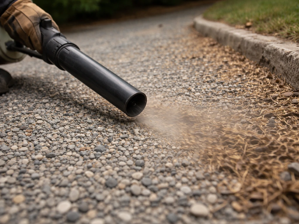 Gloved hands holding a leaf blower to blow dry weed seeds from gravel driveway toward the edges.