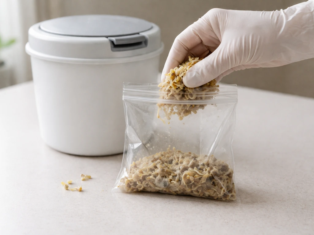 Gloved hand sealing wet sprouted seeds in a plastic bag beside a covered trash bin.