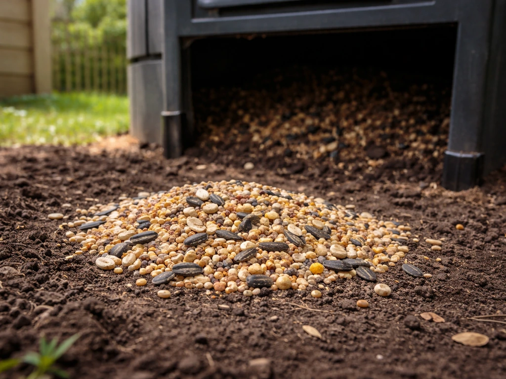 Dry, weed-free bird seed scattered beside an open compost bin in natural backyard light.