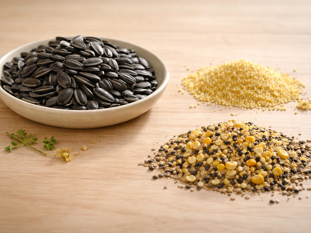 Minimal split view of bird seed components on a wooden table with a few compost-relevant elements visible.