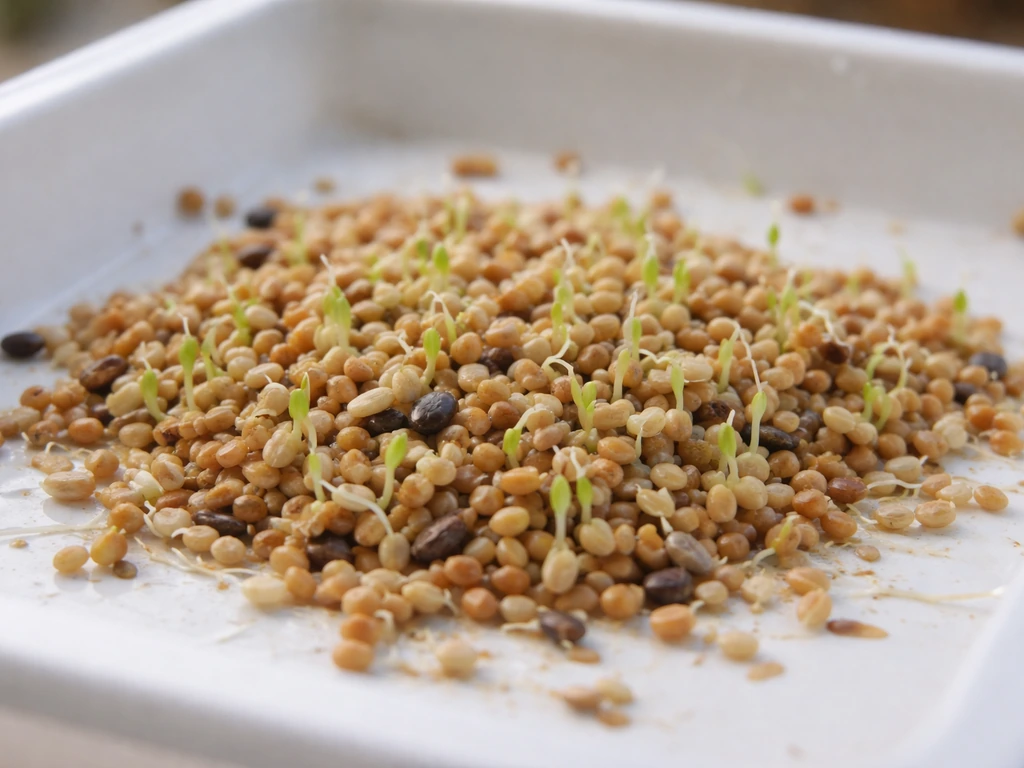A handful of bird seed with tiny green sprouts resting on a tray, showing active germination for composting