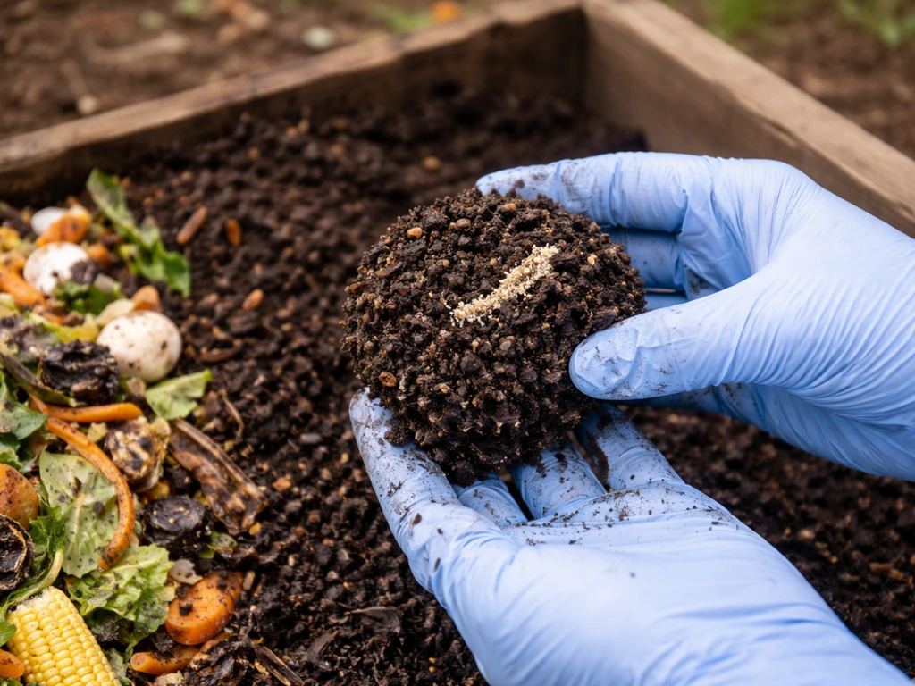 Gloved hands holding a contaminated compost clump beside cleaner compost in a small pile section.