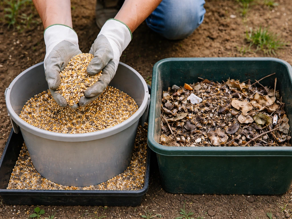 Gloved hands sorting dry bird seed into a compost bucket and a separate bin outdoors.