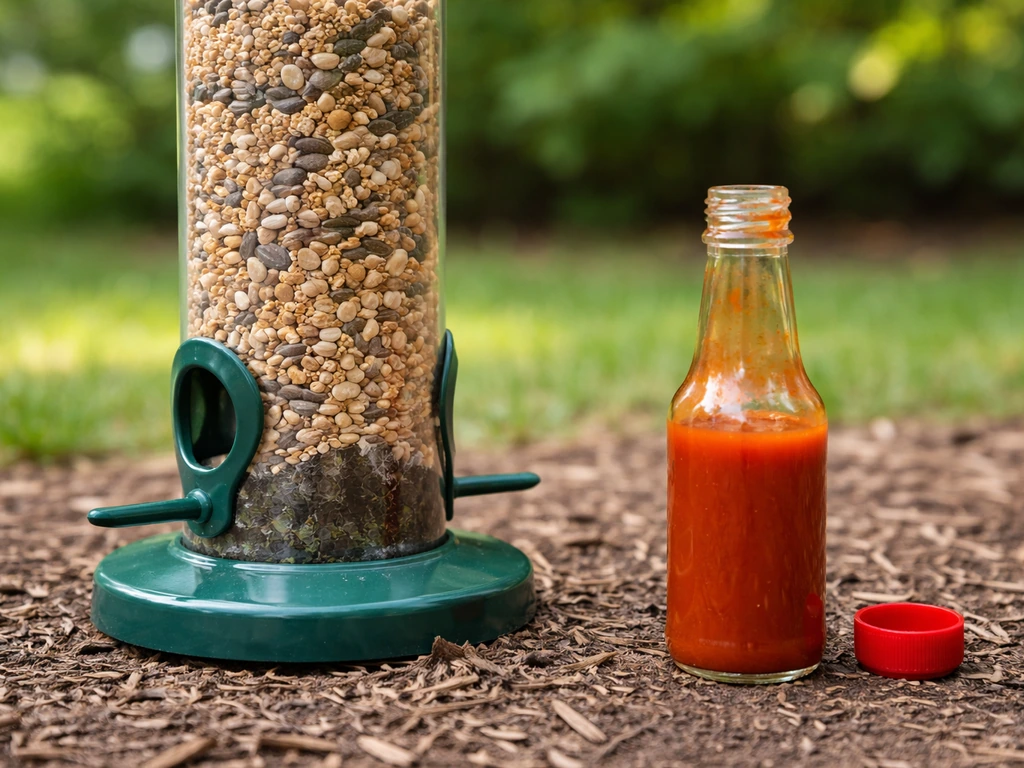 Bird feeder with dry bird seed beside an uncapped hot sauce bottle, implying not to use hot sauce.
