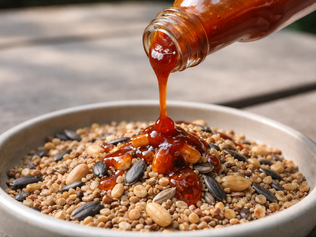 Close-up of hot sauce dripping onto bird seed, showing a messy, unsafe spill.