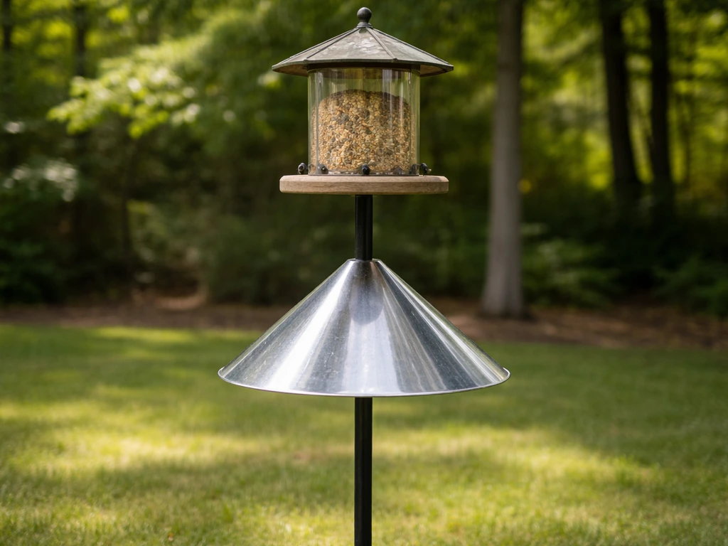 Pole-mounted bird feeder with a cone baffle below, blocking squirrels from reaching the seed
