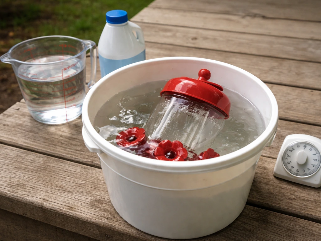 Bird feeder being rinsed and disinfected in a bucket of diluted bleach solution with water nearby.