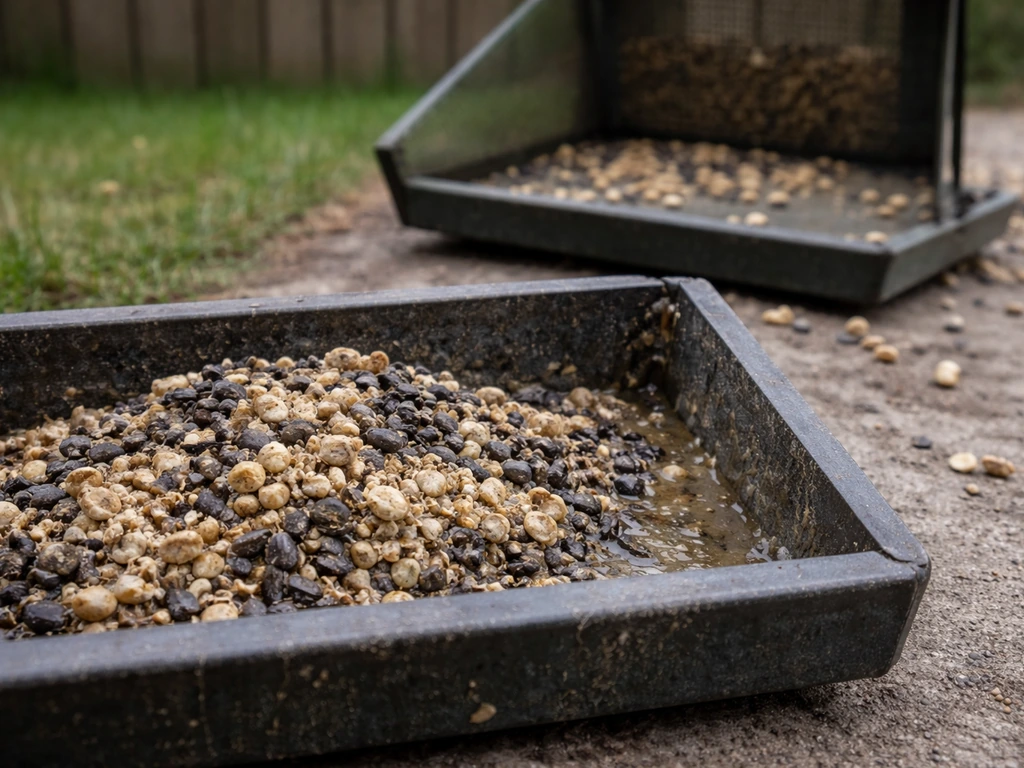Close-up of discolored, clumped birdseed in a feeder tray with scattered seeds on the ground.