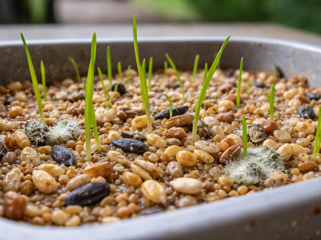 Close-up of bird seed with green grass sprouts emerging from damp kernels