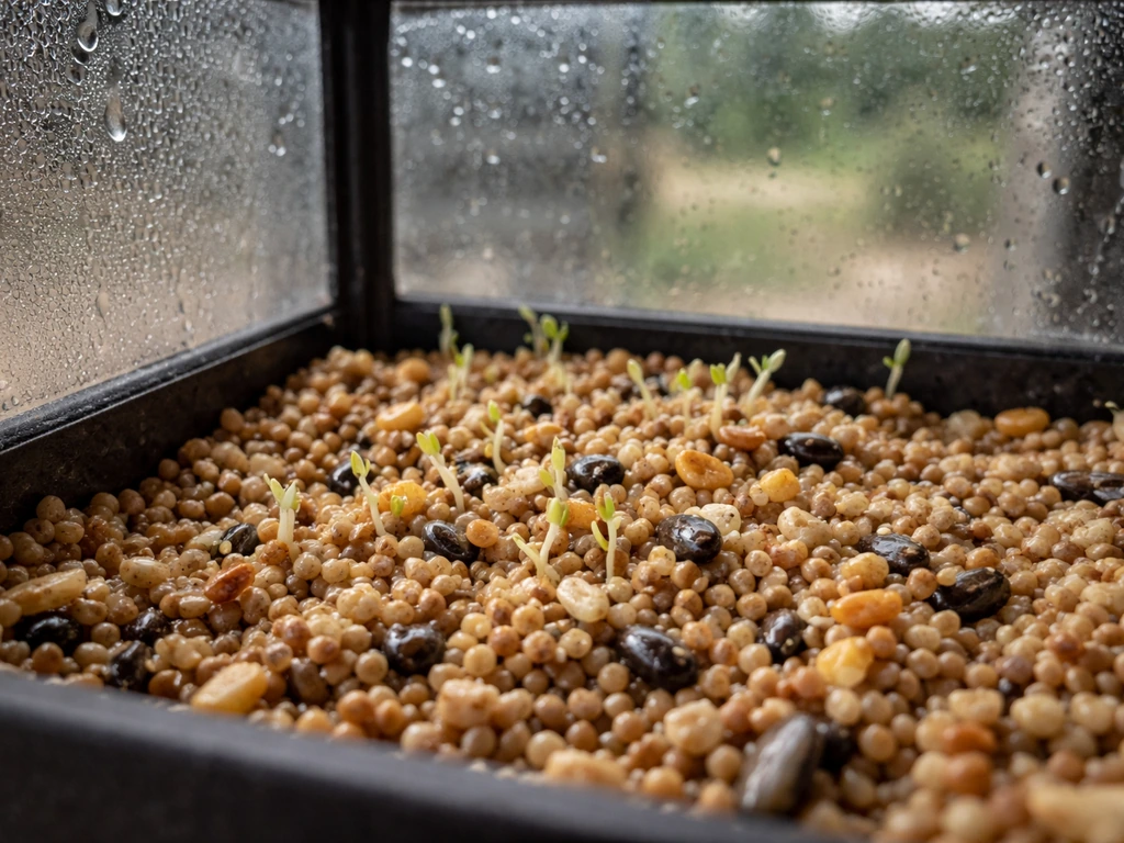 Wet bird seed grains in a damp feeder with a few tiny green sprouts