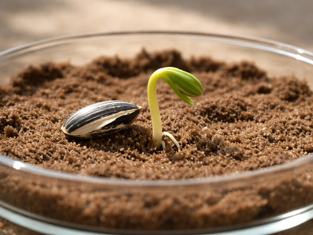 Close-up of a sprouting sunflower seed with a small root downward and green shoot upward.