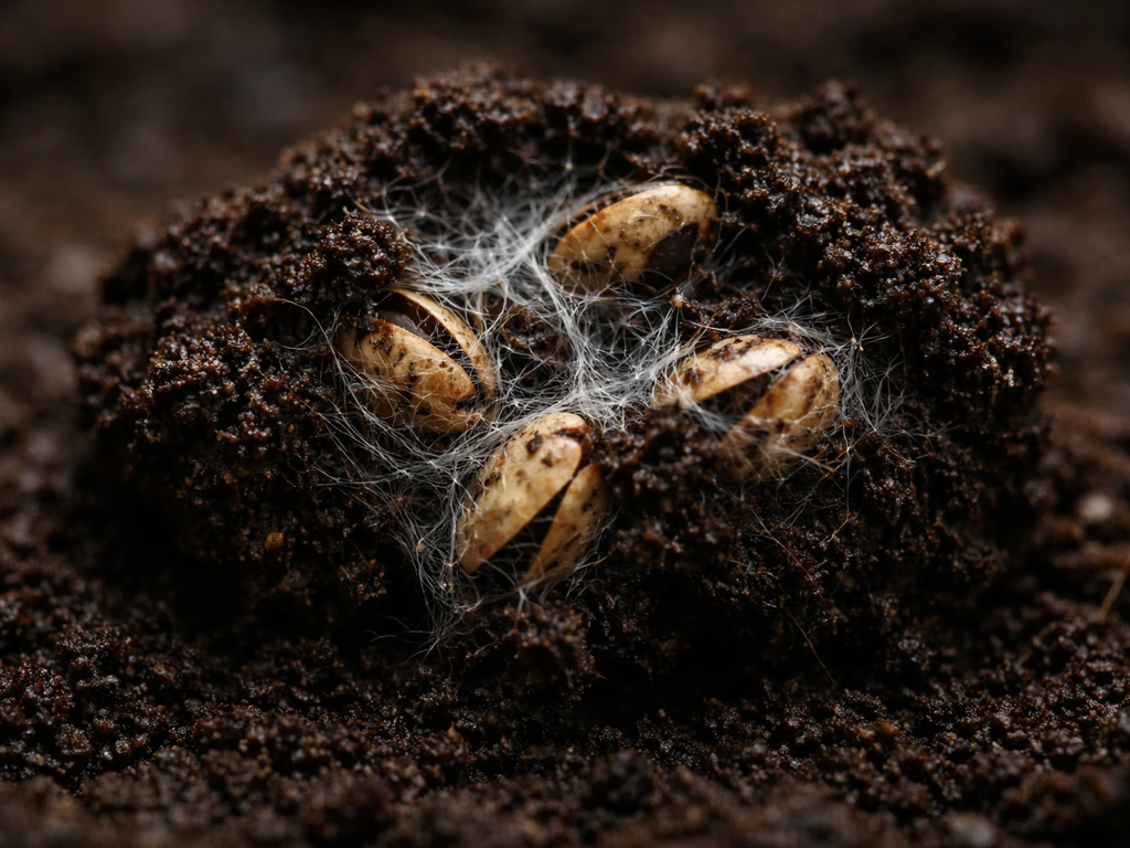 Close-up of white fungal mycelium threads connecting cracked seeds in a clumped soil mass.