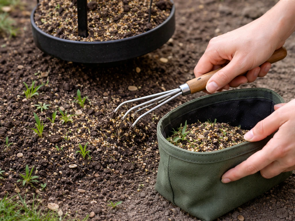 Hands rake and scoop moldy sprouted seeds from soil under a bird feeder into a small bag.