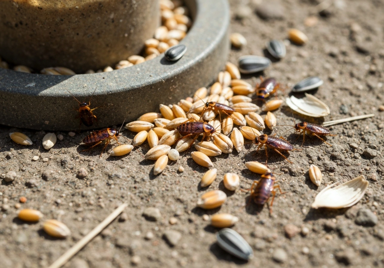 Close-up of tiny roaches near fallen birdseed hulls and shed husks around a bird feeder