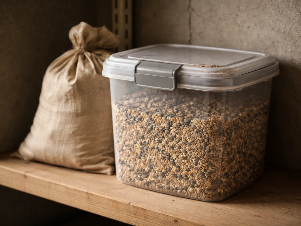 Airtight container of bird seed beside an older thin sack in a simple indoor storage area.
