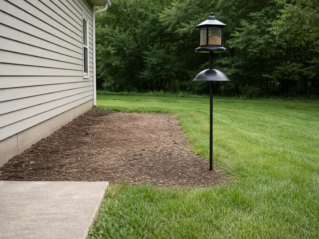 Pole-mounted bird feeder with a baffle/tray, placed away from a house on a quiet lawn.